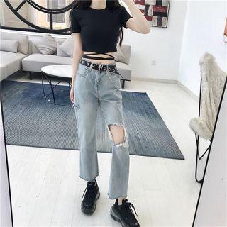 Tie-hem Crop T-shirt / Cutout Jeans