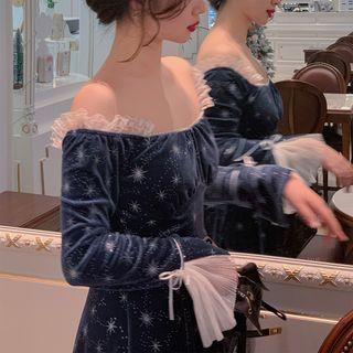 Long-sleeve Off-shoulder Velvet Midi A-line Dress