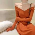 Long-sleeve Off Shoulder Midi A-line Knit Dress