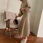 Turtleneck Knit Top & Maxi Flare Skirt Set Beige - One Size