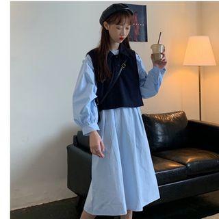 Plain Lantern-sleeve Midi Shift Dress / Knit Collared Vest