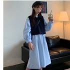 Plain Lantern-sleeve Midi Shift Dress / Knit Collared Vest