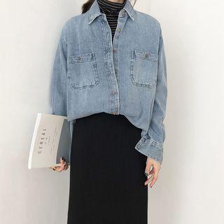 Long-sleeve Washed Denim Shirt Blue - One Size
