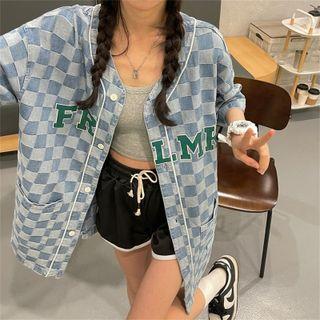 Elbow-sleeve Lettering Checkerboard Button Jacket