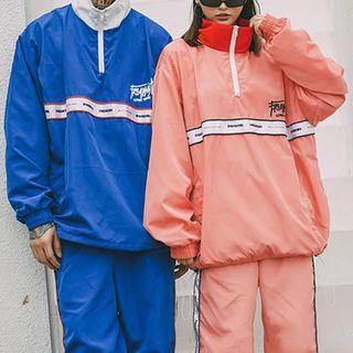 Couple Matching Lettering Trim Half-zip Windbreaker