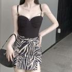 Rhinestone-embellished Camisole Top / Zebra Print Mini Fitted Skirt