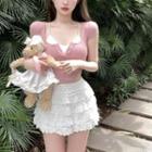 Crop Camisole Top / Short-sleeve Crop T-shirt / A-line Layered Skirt