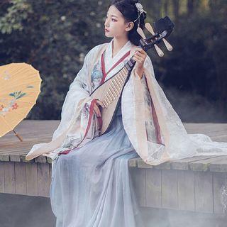 Long-sleeve Top / Floral Embroidered Long Light Jacket / Maxi A-line Skirt / Hanfu Set