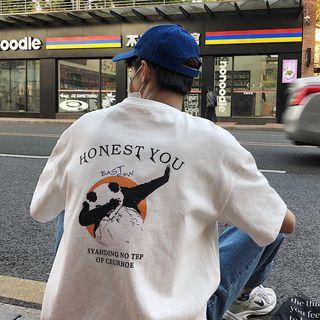 Panda Print Elbow-sleeve T-shirt