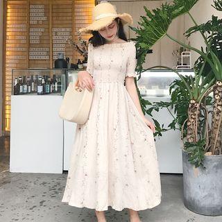 Printed Off-shoulder Elbow-sleeve A-line Dress
