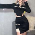 Set: Long-sleeve Leopard Print Top + Skirt