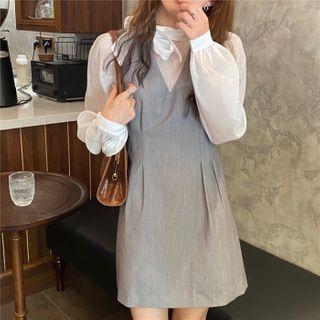 Long-sleeve Sheer Blouse / Mini A-line Pinafore Dress