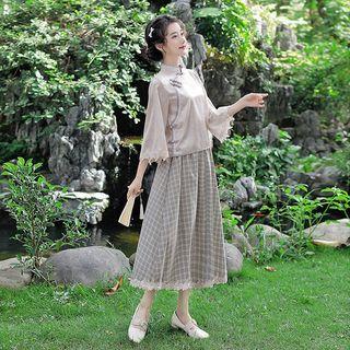 Traditional Chinese 3/4-sleeve Top / Plaid Skirt / Set