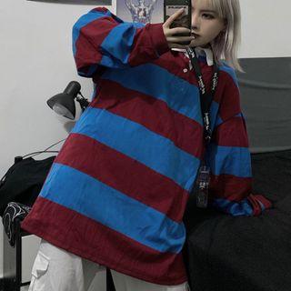 Long-sleeve Striped Polo Shirt Blue Stripe - Wine Red - One Size