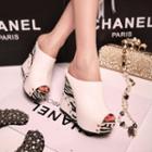 Printed Faux Leather Peep-toe Platform Wedge Mules