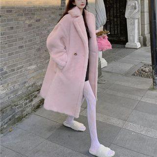 Double-breasted Faux-fur Coat Cherry Pink - One Size