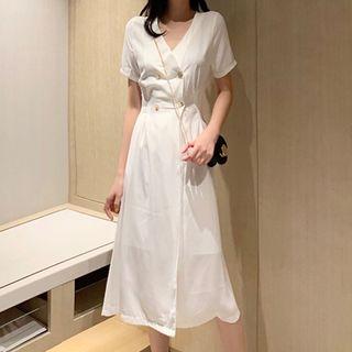 Short-sleeve Double Breasted A-line Midi Dress White - One Size