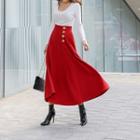 Button-accent Maxi Flare Skirt