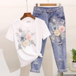 Set: Short-sleeve Floral Embroidered T-shirt + Distressed Harem Jeans