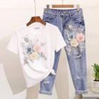Set: Short-sleeve Floral Embroidered T-shirt + Distressed Harem Jeans