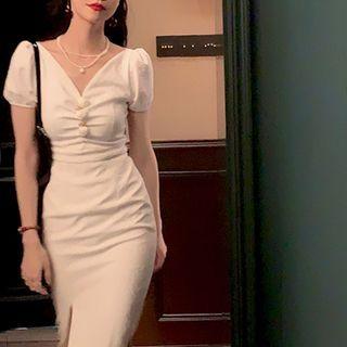 Rose Applique Short Sleeve Slit Maxi Dress