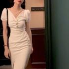 Rose Applique Short Sleeve Slit Maxi Dress