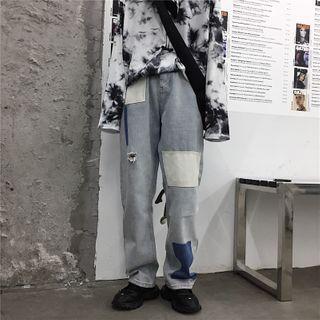 Color Block Applique Wide-leg Jeans