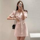 Short Sleeve Button-front Mini Tweed Dress