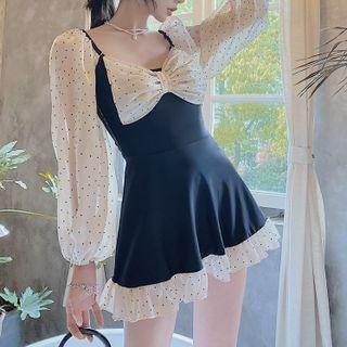 Long-sleeve Dotted Bow Swimdress