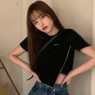 Short-sleeve Contrast Trim Asymmetric T-shirt