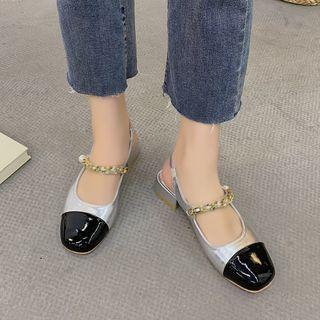 Square-toe Two-tone Chain Block Heel Mary Jane Shoes
