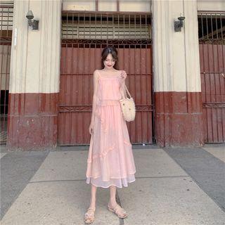 Spaghetti Strap Mesh Overlay Top / Frill Trim A-line Midi Skirt