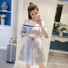 Open Shoulder Pinstripe Short-sleeve Dress
