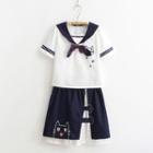 Set : Embroidered Short-sleeve T-shirt + Mini Skirt