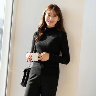 Mock-neck Sheer-trim Ribbed Knit Top