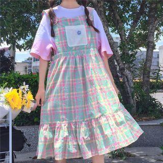 Plaid Midi A-line Overall Dress Pink & Green - One Size