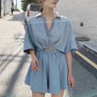 Set: Short-sleeve Drawstring Hem Top + Elastic Waist Shorts