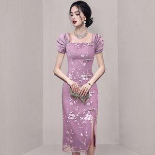 Puff-sleeve Square Neck Slit Midi Sheath Dress