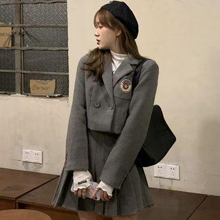 Set: Embroidered Cropped Blazer + Mini Pleated Skirt