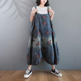 Floral Print Denim Jumper Pants Red Flowers - Blue - One Size