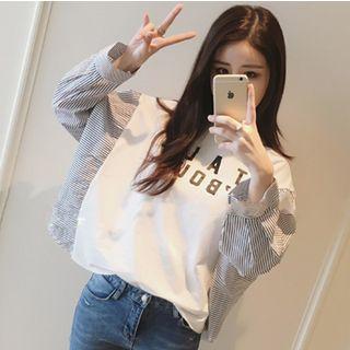 Mock Two-piece Long-sleeve Striped Panel Letter T-shirt