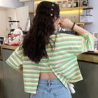 Elbow-sleeve Open Back Striped T-shirt
