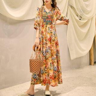 Elbow-sleeve Flower Print Maxi A-line Dress / Tassel Drop Earring
