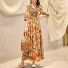Elbow-sleeve Flower Print Maxi A-line Dress / Tassel Drop Earring