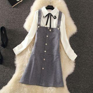 Hidden Placket Shirt / Single-breasted Mini Pinafore Dress / Set