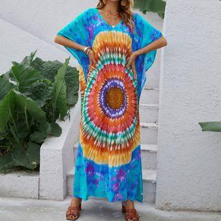 Short-sleeve Tie Dye Maxi Smock Dress