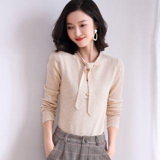 Tie-neck Faux Pearl Button Knit Top