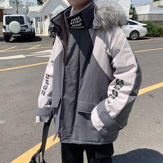 Fluffy Hoode Letter Print Color Block Zipped Jacket