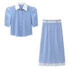 Puff-sleeve Shirt / Frill Trim Midi A-line Skirt
