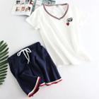Set: Embroidered V-neck Short-sleeve T-shirt + A-line Skirt